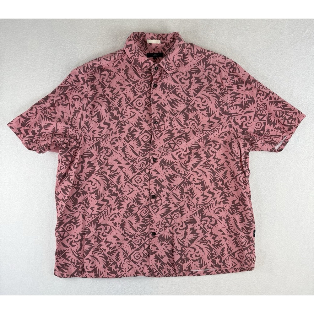 Ted Baker Shirt Mens 7‎ Pink Geometric Print Linen Blend Button Up Short Sleeve